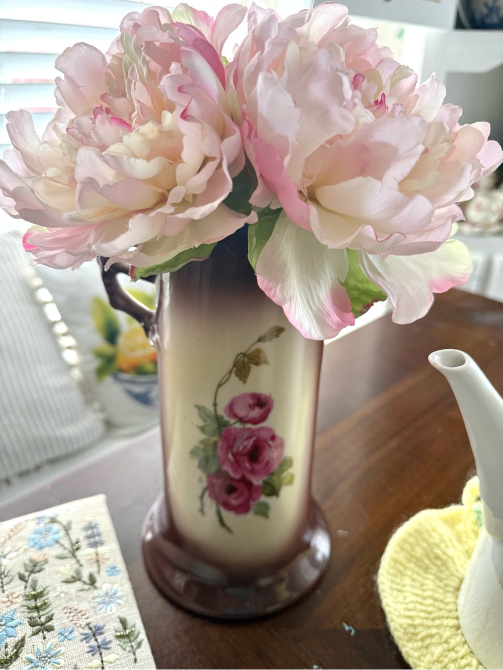 Vintage Victorian Style Floral Ceramic Vase with Handles - Picture 2 of 6